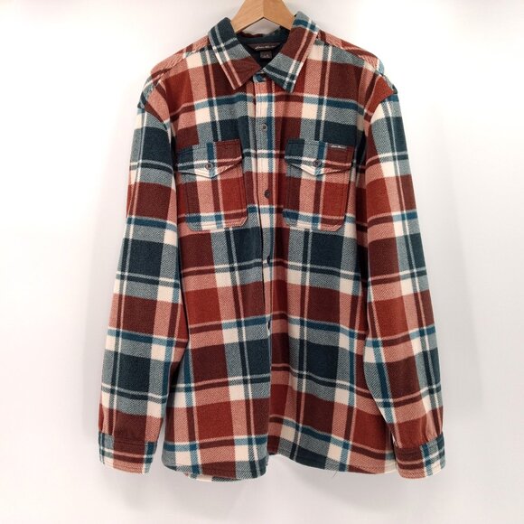 EDDIE BAUER‎ Men's XL Burnt Orange Plaid Fleece Button Flap Side Pockets Logo - Picture 1 of 13